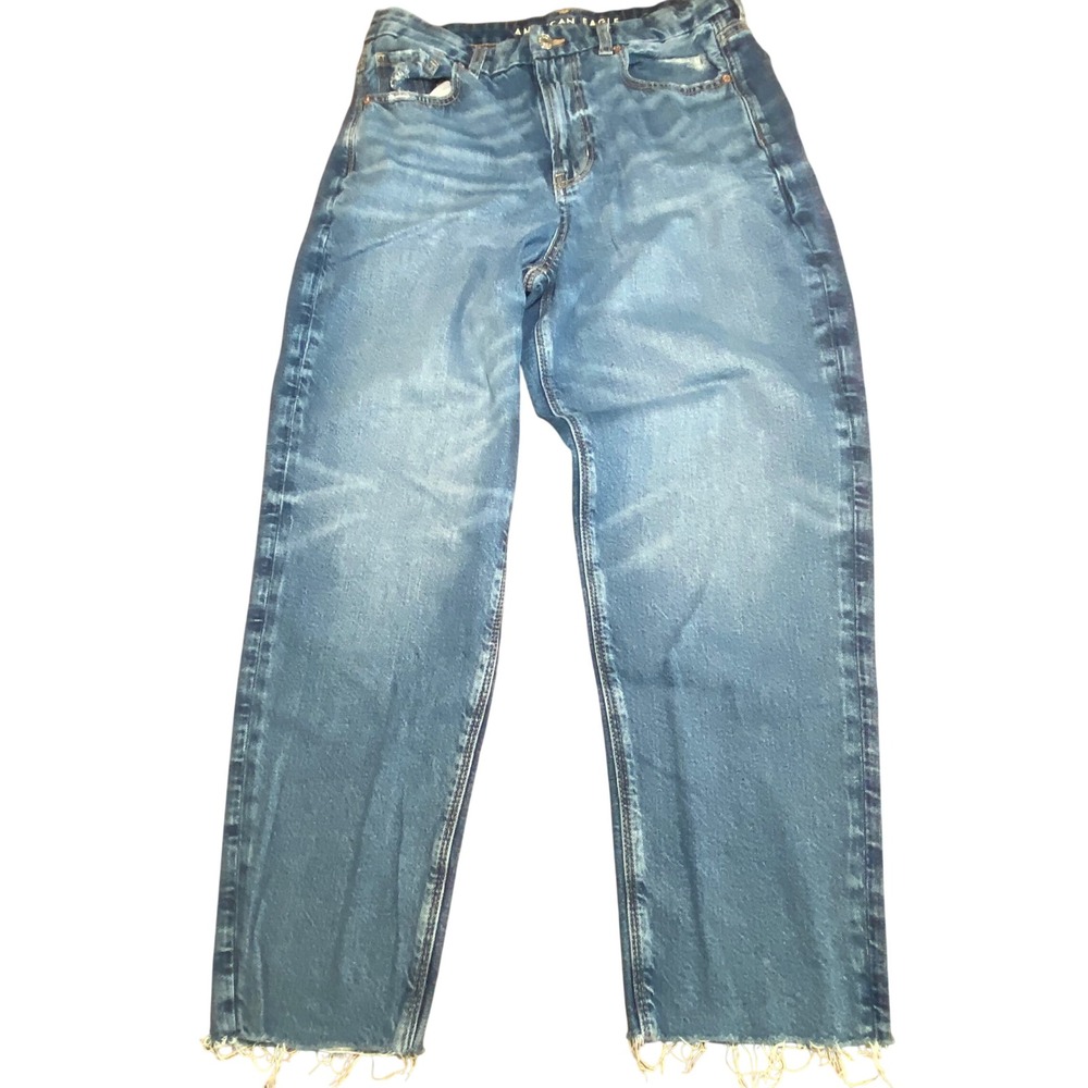 American Eagle Strigid High Rise Straight Leg Raw Hem Jeans‎ Blue Womens 12 Reg